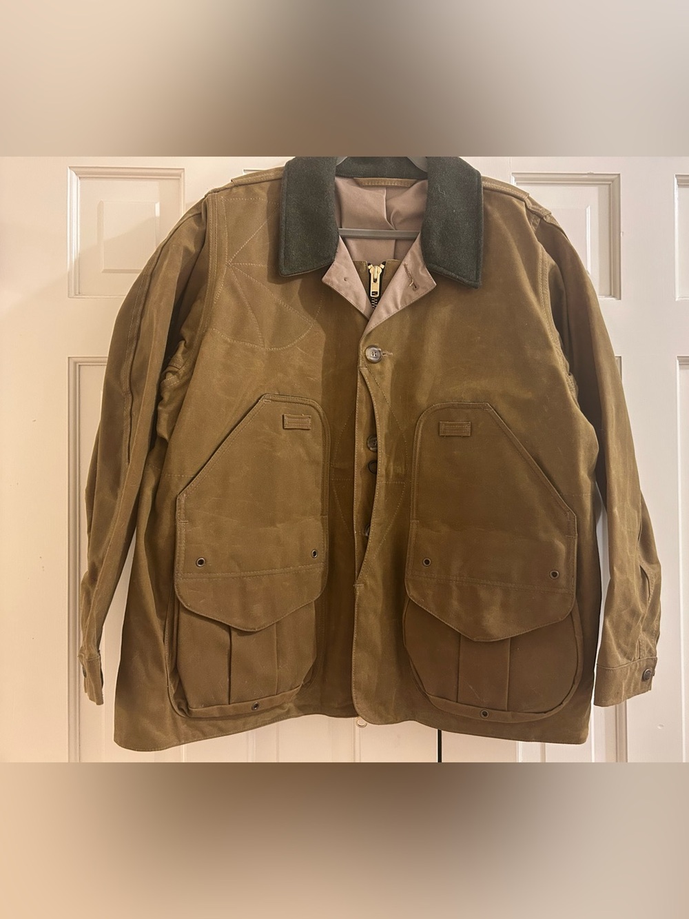 Filson Brown Waxed Cotton Field Jacket with Dark Green Collar